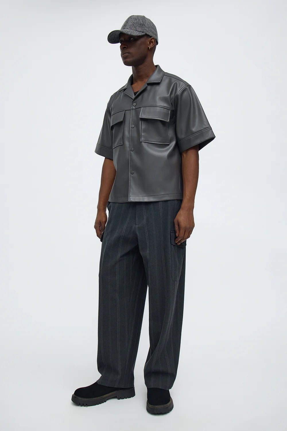 NovaMen High Stepper Faux Leather Button Up Shirt - Dark Grey