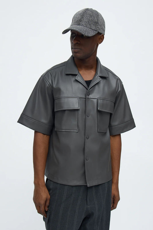NovaMen High Stepper Faux Leather Button Up Shirt - Dark Grey