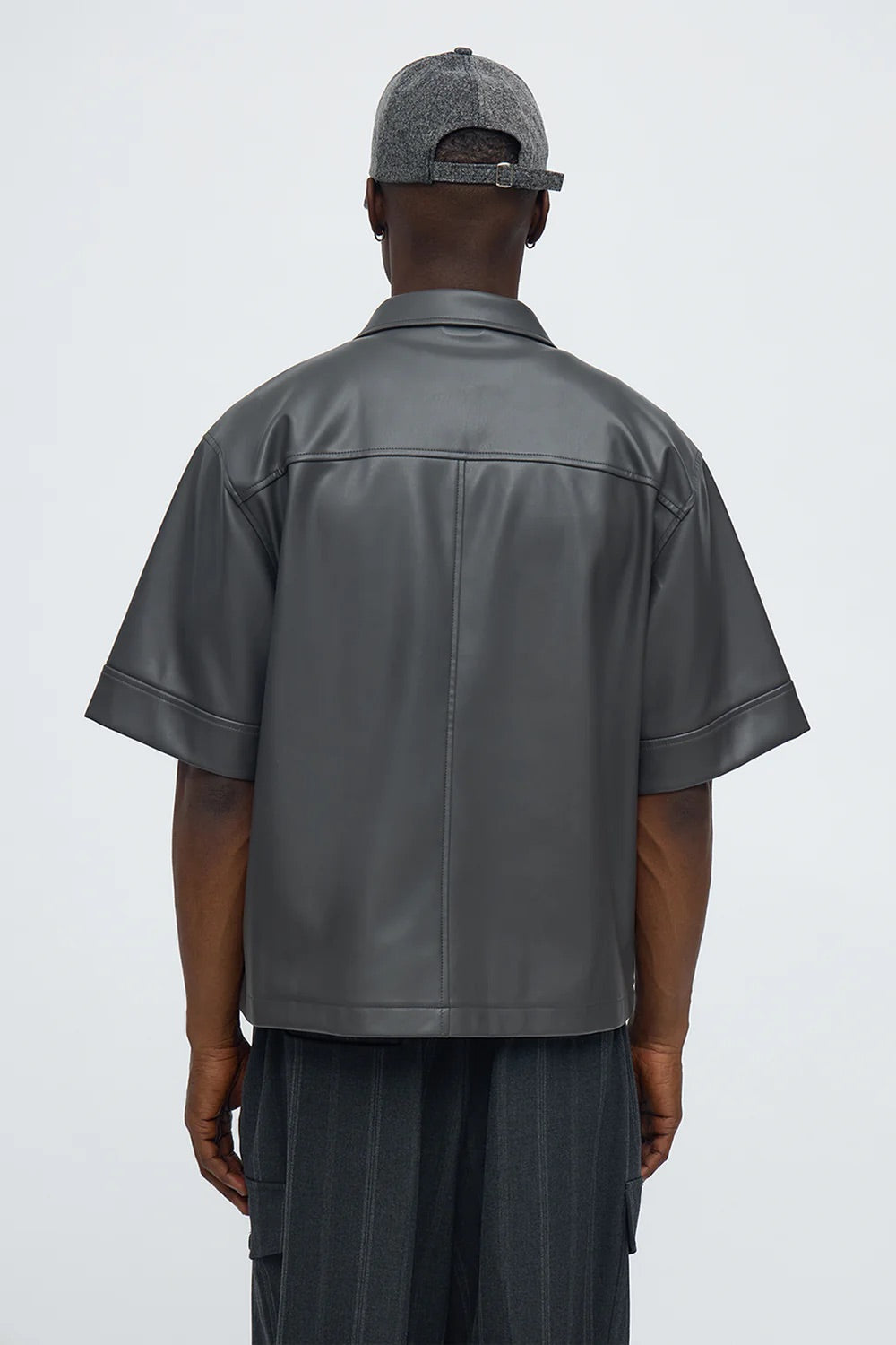 NovaMen High Stepper Faux Leather Button Up Shirt - Dark Grey