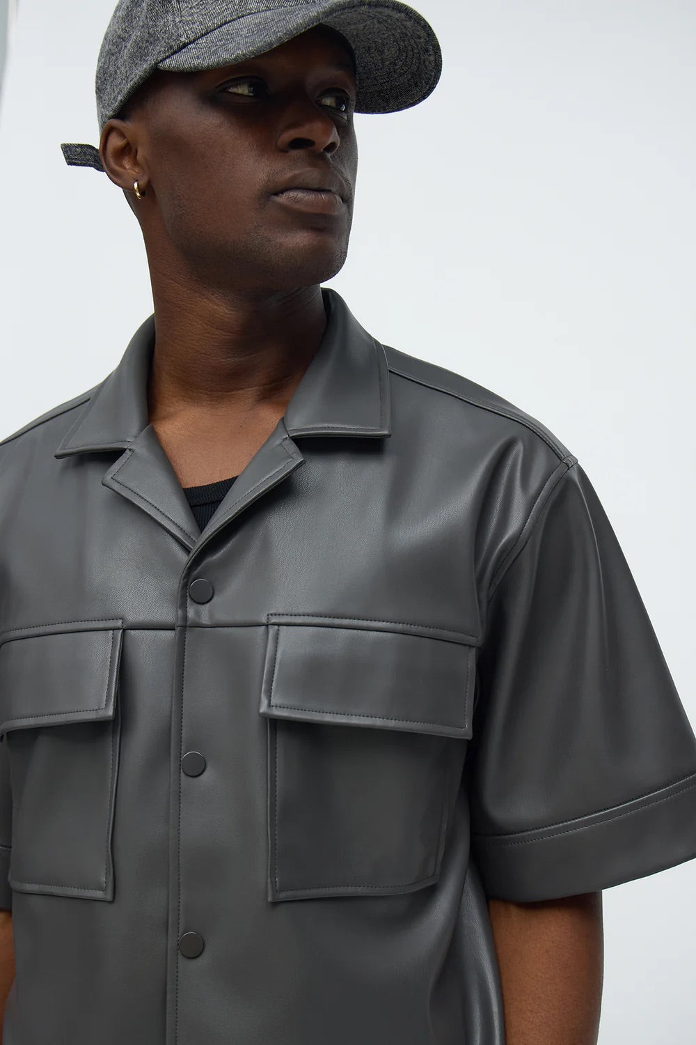NovaMen High Stepper Faux Leather Button Up Shirt - Dark Grey