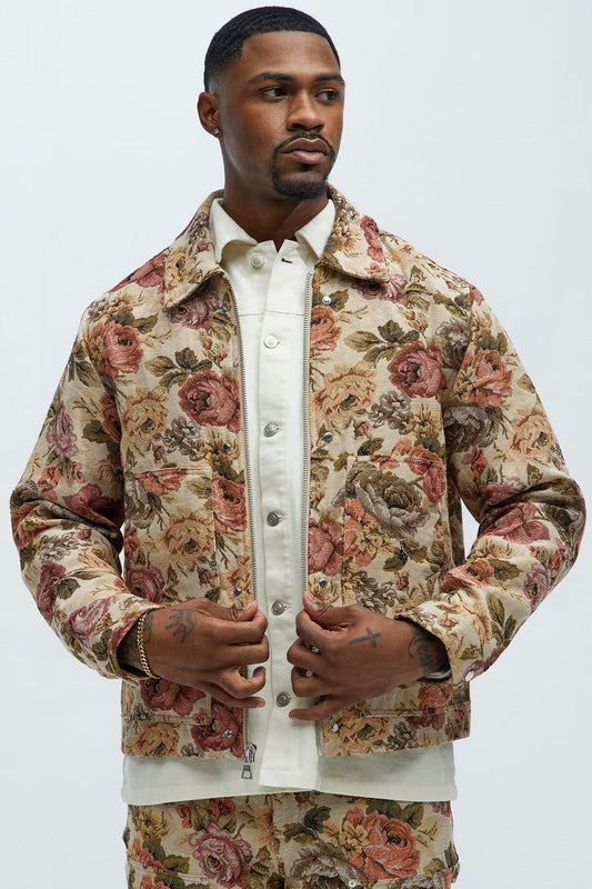 NovaMen Bellevue Floral Tapestry Work Jacket - Taupe