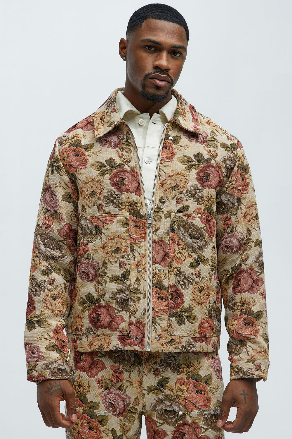 NovaMen Bellevue Floral Tapestry Work Jacket - Taupe