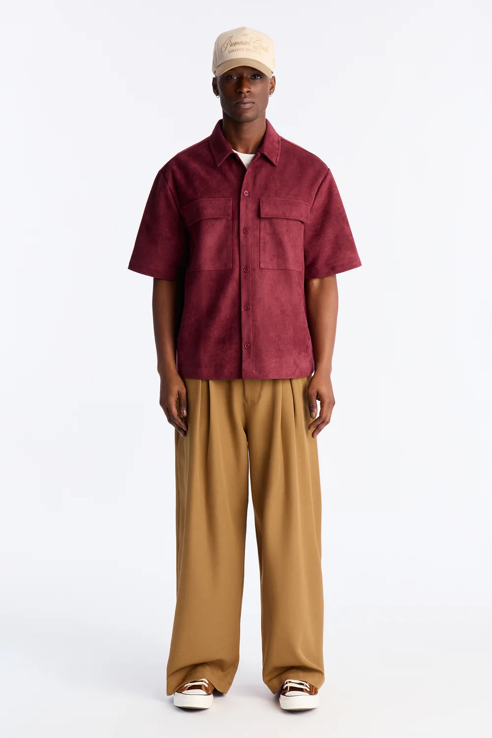 NovaMen Relaxed Brushed Double Pocket Button Up Shirt - Burgundy