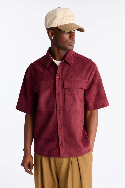 NovaMen Relaxed Brushed Double Pocket Button Up Shirt - Burgundy