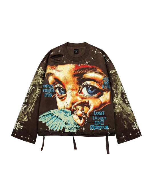 ROMWE Men's See No Evil Distressed Long Sleeve T-Shirt [OVERSIZED]