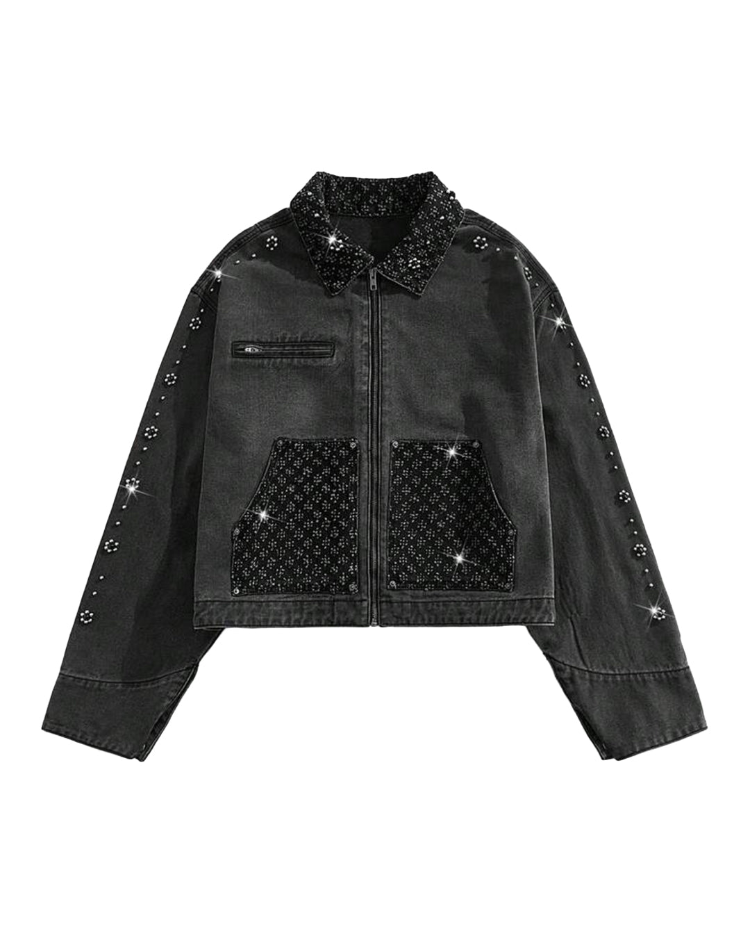 ROMWE Men's Denim Jacket - Washed Black [OVERSIZED+RHINESTONES]