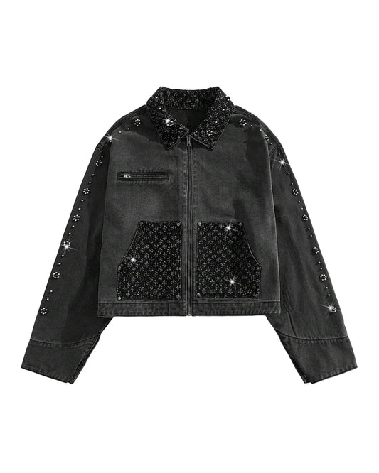 ROMWE Men's Denim Jacket - Washed Black [OVERSIZED+RHINESTONES]