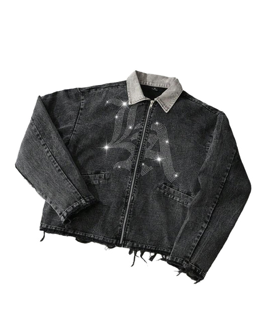 Manfinity Men's LA' Denim Jacket - Washed Black [OVERSIZED+RHINESTONES]