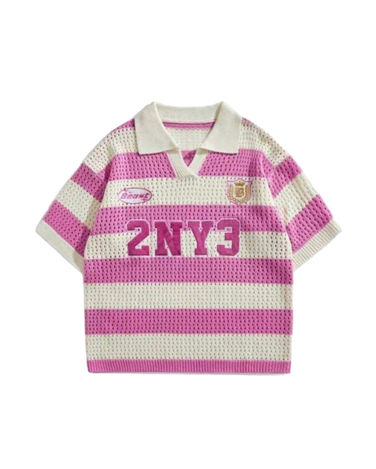 ROMWE Men's Embroidery Knit Sweater Polo Shirt - Pink [OVERSIZED]