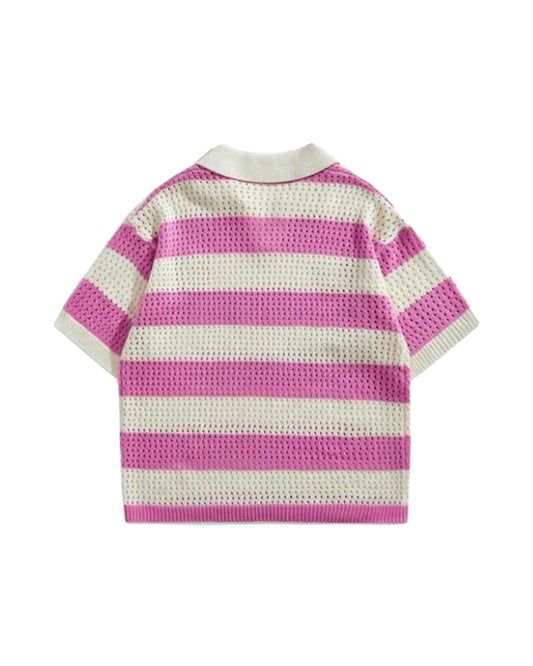 ROMWE Men's Embroidery Knit Sweater Polo Shirt - Pink [OVERSIZED]